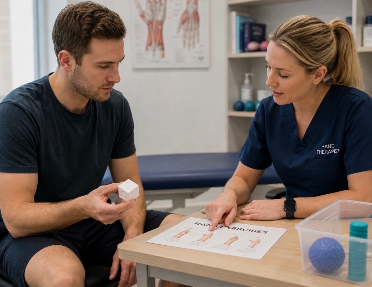 Hand therapist discussing exercises with a patient